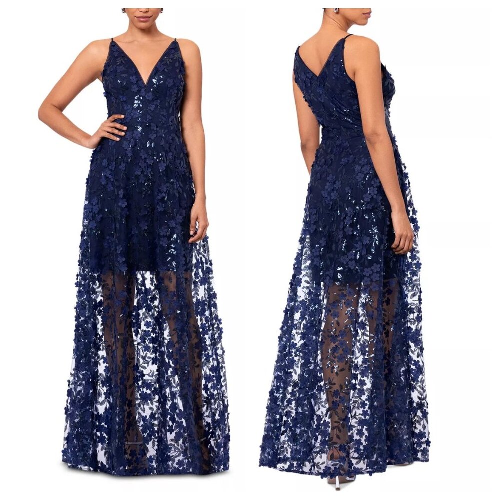 Xscape 3D Floral-Appliqué Sequined Gown Navy